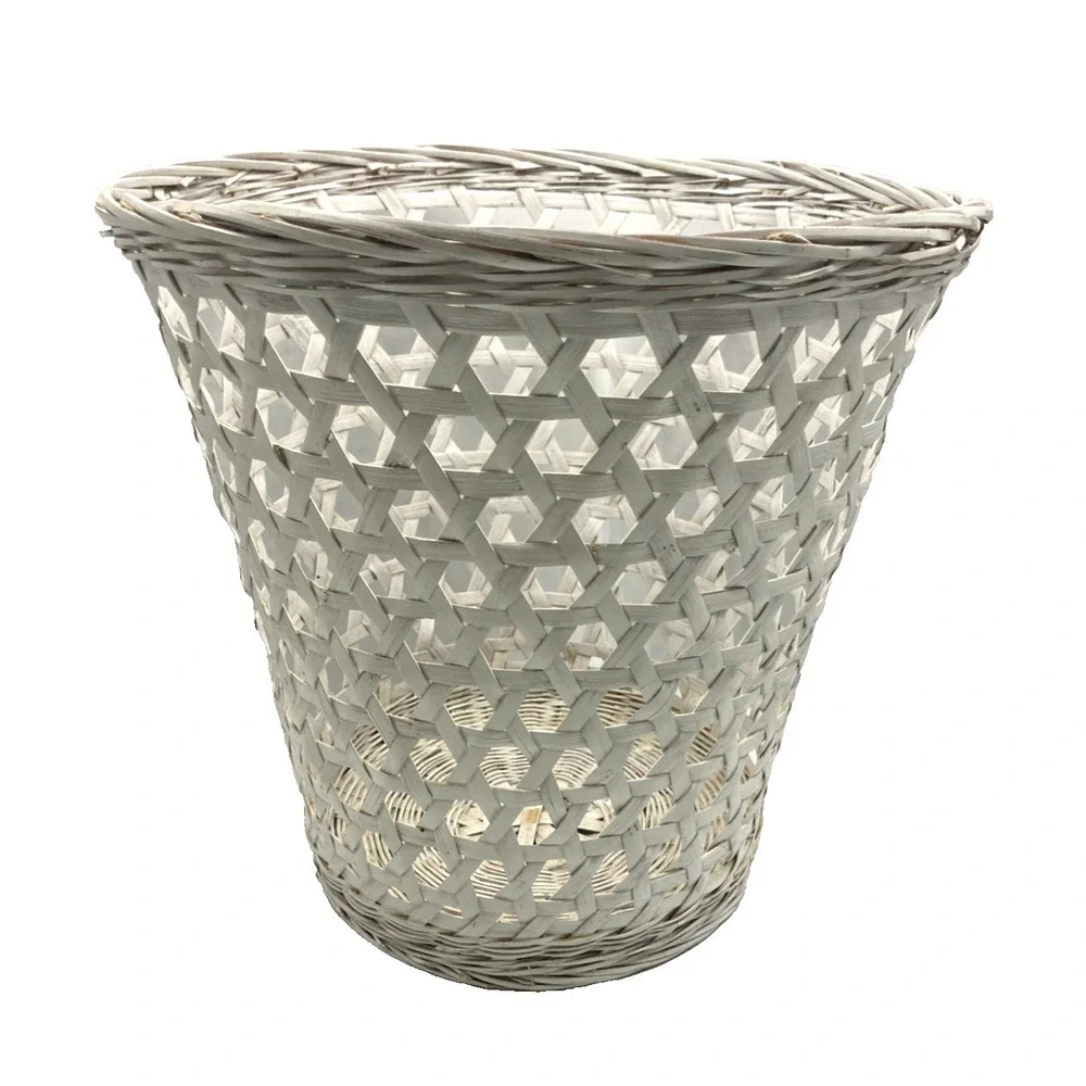 Vtg White Wicker Rattan Wastebasket Trash Can Bathroom Bedroom Cottage Boho